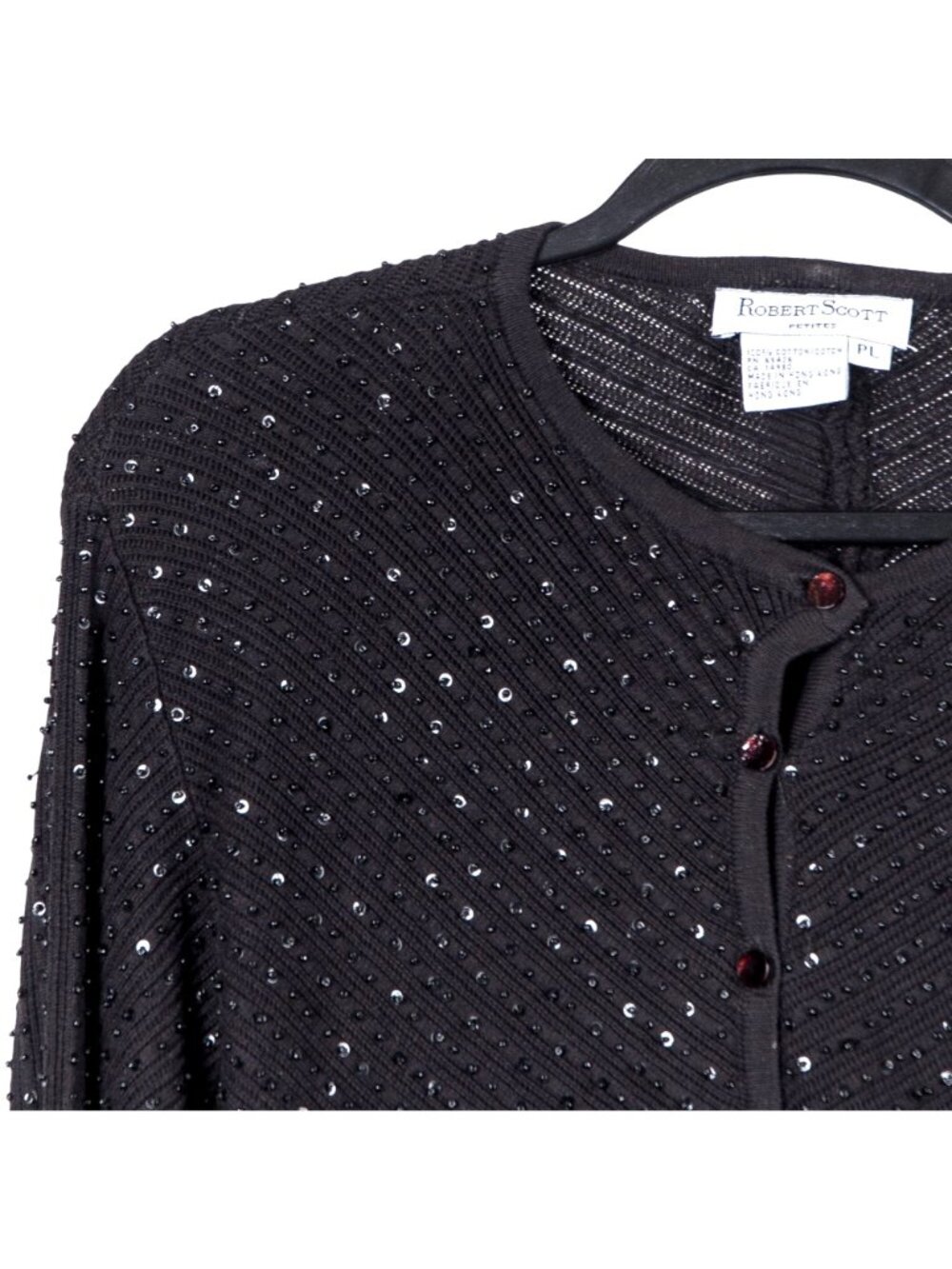 VTG Cardigan Sweater Petite L Black Bead Sequin Button Festival Boho Whimsigoth - Picture 2 of 7